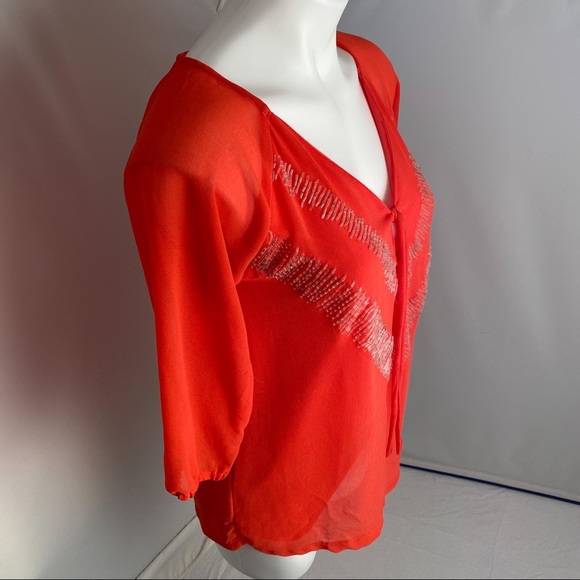 BKE coral beaded layered three quarter sleeve v-neck blouse - Picture 3 of 10
